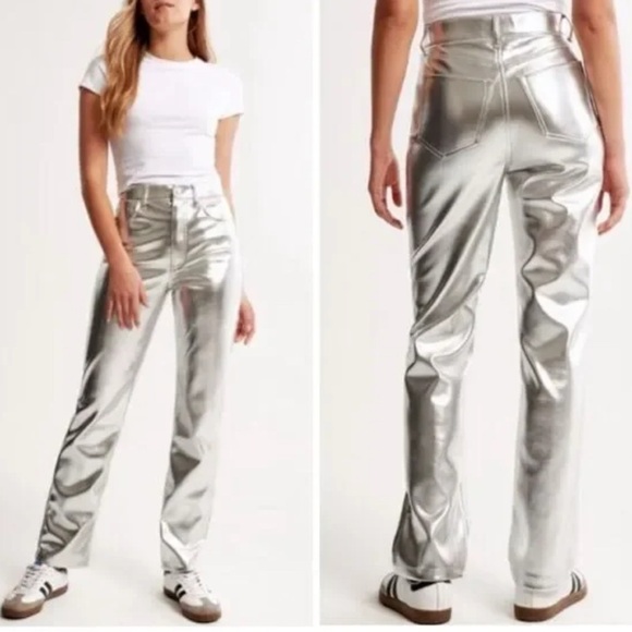 Abercrombie & Fitch The 90s Straight Ultra High Rise Pant Silver Metallic - Picture 4 of 12